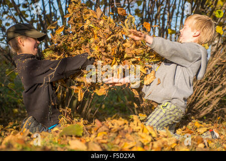 Two Children boys playing, throwing autumn leaves from pile in the garden, autumnal fun, happy Stock Photo