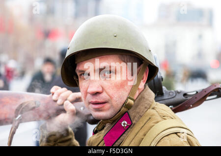 Unidentified re-enactor dressed as Red Army soldier during events dedicated to anniversary of of the Moscow Battle held in 1941 Stock Photo