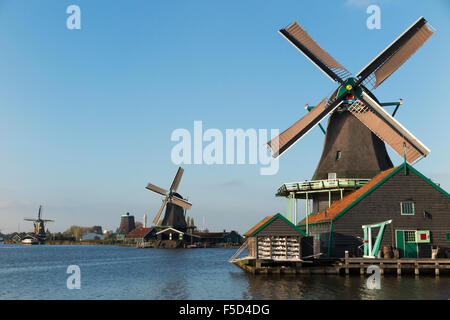 De Kat paint Dutch windmill (nearest to camera) / wind mills / windmills / wind mills, Zaanse Schans, Holland, The Netherlands. Blue sky sunny skies Stock Photo