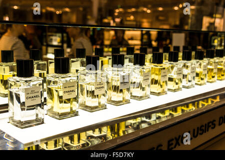 Perfume, Chanel perfume bottles on display for sale, Galeries Lafayette, Paris, Ile-de-France, France Stock Photo