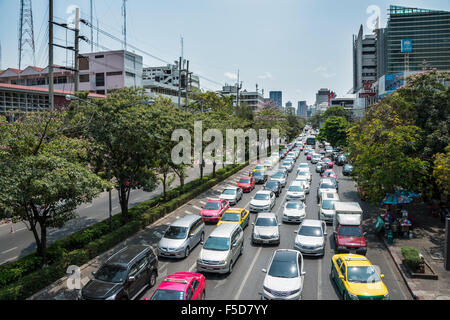 Traffic jam on busy road, Siam Square, Bangkok, Thailand Stock Photo