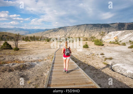 A young woman exploring the beautiful Yellowstone National Park, Wyoming, United States of America. Stock Photo
