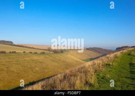 A view down the scenic valley of  Horsedale on the Yorkshire wolds on a beautiful blue sky day in Autumn. Stock Photo