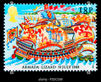 Postage stamp. Great Britain. Queen Elizabeth II. 1988. 400th.Anniversary of Spanish Armada.18p. Stock Photo