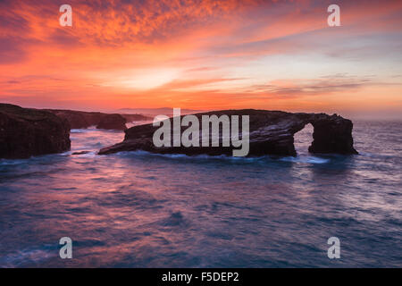 'As Catedrais' / 'Las Catedrales' Beach by sunset, in Ribadeo, Lugo. Galicia, Spain. Stock Photo