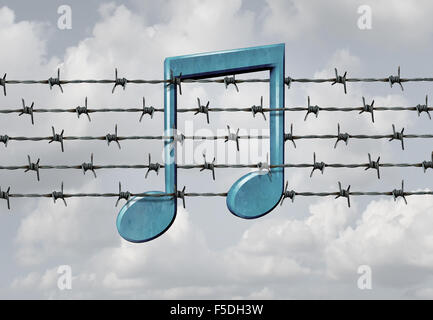 Media censorship concept and music restriction symbol as a musical note on a barb or barbed wire fence element as a metaphor for parental control or banning art or protecting digital rights to audio content control. Stock Photo
