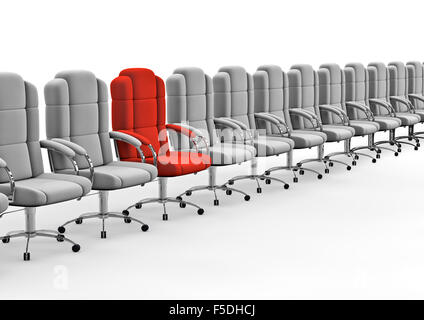 Next in line / 3D render of red office chair in row of white ones Stock Photo