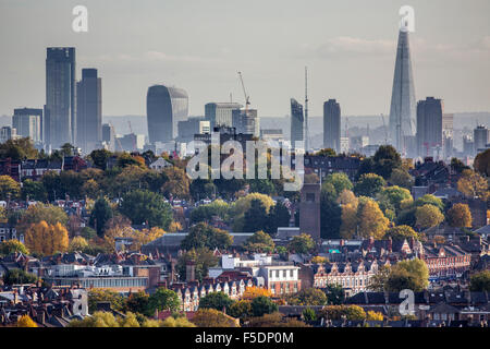 View over the North London districts of Crouch End and Hornsey in the Borough of Haringey, to the skyline of the City of London. Stock Photo