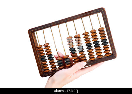 Female hand holding ancient abacus isolated on white Stock Photo