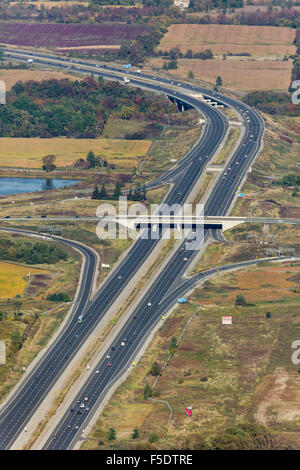 Aerial view of Highway 407 over 9th Line looking east. Stock Photo