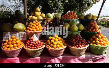 tropical fruits in baskets on fruit market, Kintamani, Bali Indonesia Stock Photo