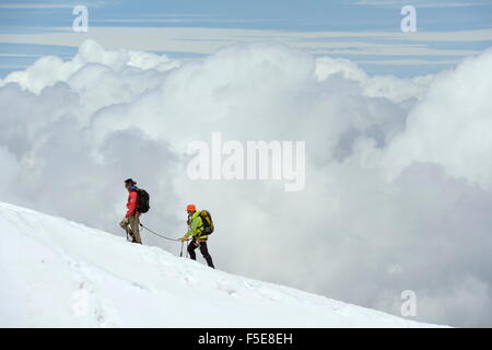 Mountaineers, climbers high up in the clouds, Aiguille du Midi, Mont Blanc Massif, Chamonix, Haute Savoie, French Alps, France Stock Photo