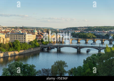 Cityscape Vltava River at the bridges connecting the Old Town to Mala Strana, Prague Castle and Hradcany, Prague, Czech Republic Stock Photo