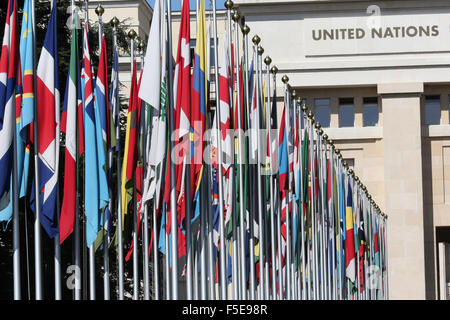 The flag lined approach to the entrance to the United Nations' Headquarters in Geneva, Switzerland, Europe Stock Photo