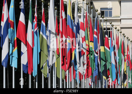 The flag lined approach to the entrance to the United Nations' Headquarters in Geneva, Switzerland, Europe Stock Photo