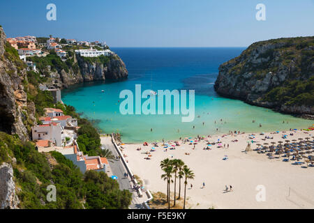 View over beach, Cala en Porter, south east Coast, Menorca, Balearic Islands, Spain, Mediteranean, Europe Stock Photo
