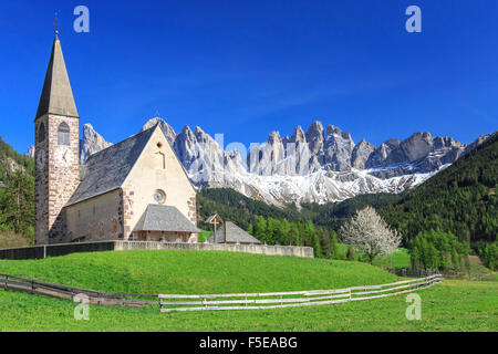 The Church of Ranui and the Odle group in the background, St. Magdalena, Funes Valley, Dolomites, South Tyrol, Italy, Europe Stock Photo