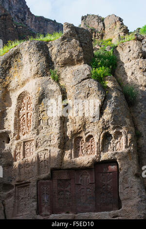 Khachkar crosses, Geghard Monastery, UNESCO World Heritage Site, Kotayk Province, Armenia, Caucasus, Central Asia, Asia Stock Photo