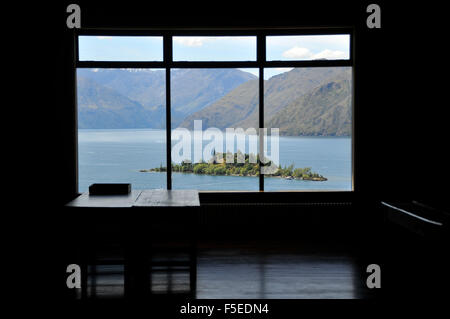 Ruby Island viewed from Rippon Winery window, Lake Wanaka, Wanaka, South Island, New Zealand Stock Photo