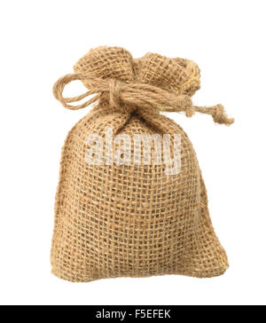 Hessian sack with ties forming over white background Stock Photo
