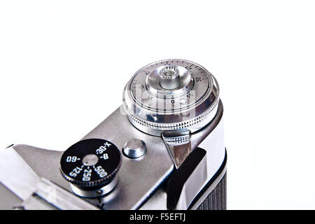 Vintage photo camera with 52mm lens. Close up view part of old retro camera. Classic black manual film camera isolated on white Stock Photo