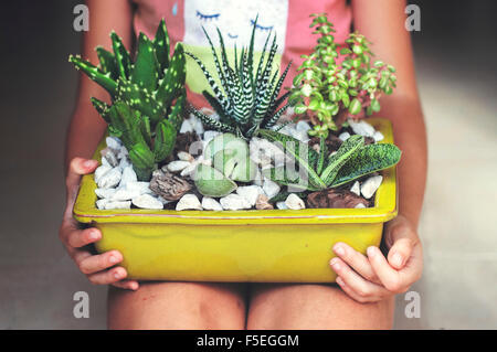 Girl sitting, holding a display of succulent plants Stock Photo