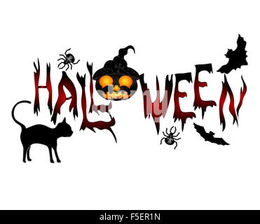 Halloween banner .Beautiful inscription Halloween with a cat, pumpkin and flying mice. Vector Stock Photo