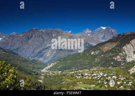 Les Vigneaux, Mont Pelvoux from above Durance Valley Stock Photo