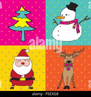 Pop Art Merry Christmas elements Christmas tree,Santa Claus, reindeer, snowman Stock Vector