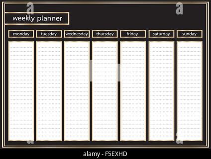 Weekly planner metallic gold and black frame horizontal Stock Vector