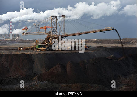 Industrial machine (spreader) at work in Belchatow open-pit coal mine. Stock Photo