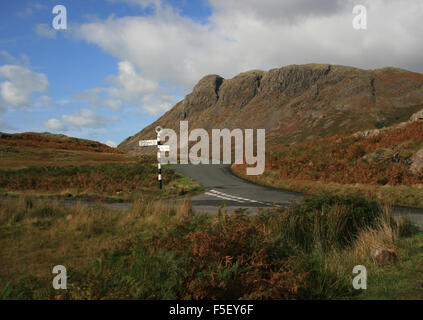 Wasdale road sign with Cumbrian fells Stock Photo