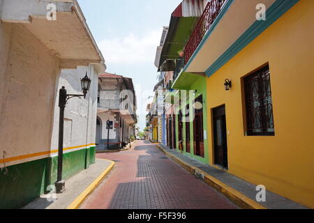 Narrow paved street of Casco Viejo, the historic district of Panama City, Panama, Central America Stock Photo