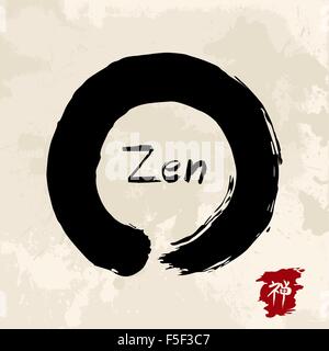 Enso Zen circle illustration in traditional hand drawn brush stroke style. Meditation symbol of Buddhism with calligraphy. EPS10 Stock Vector