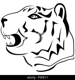 Adult tiger head profile, hand drawing cartoon vector outline isolated on a white background Stock Vector