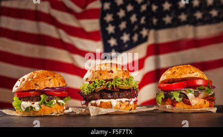 Delicious hamburgesr on wood Stock Photo