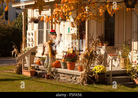 Halloween decorations on a house porch, Stowe, Vermont VT, New England USA Stock Photo
