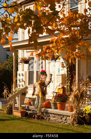 Halloween decorations and figures in a house porch, Stowe, Vermont VT, New England, USA Stock Photo