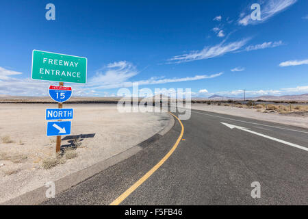 Interstate 15 desert freeway entrance in California's Mojave National Preserve. Stock Photo