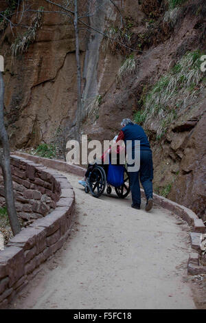 Zion National Park, Utah, USA. 09th Apr, 2012. A man pushes a lady in a wheelchair on a disabled accessible path in the park at the entrance to the Narrows. Zion National Park is located in the Southwestern United States, near Springdale, Utah. A prominent feature of the 229-square-mile park is Zion Canyon, which is 15 miles long and up to half a mile deep, cut through the reddish and tan-colored Navajo Sandstone by the North Fork of the Virgin River. The Park includes mountains, canyons, buttes, mesas, monoliths, rivers, slot canyons, and natural arches. (Credit Image: © Ruaridh Stewart/ZU Stock Photo