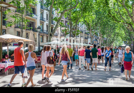 Spain, Catalonia, Barcelona, La Rambla, tree-lined pedestrian mall, popular with tourists and locals alike Stock Photo