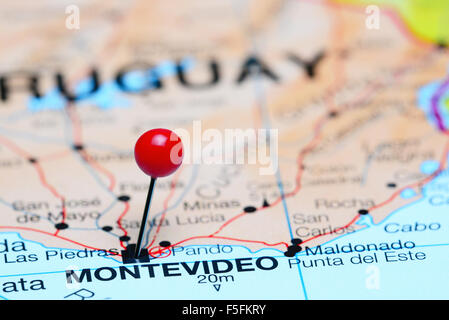 Montevideo pinned on a map of America Stock Photo