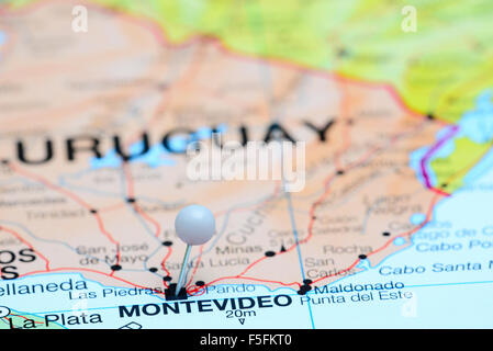 Montevideo pinned on a map of America Stock Photo