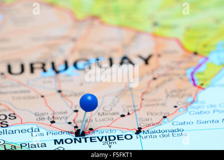 Montevideo pinned on a map of America Stock Photo