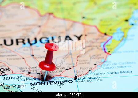 Montevideo pinned on a map of America Stock Photo