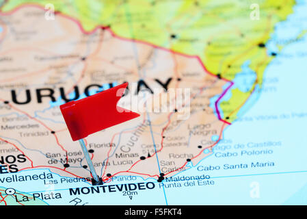 Montevideo pinned on a map of America Stock Photo