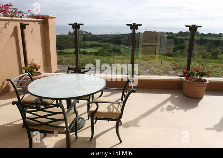 Jun 27, 2010 - Newport Beach, California, U.S. - A bungalow patio overlooking the golf course. The Resort at Pelican Hill in Newport Coast is located in Southern California overlooking the Pacific Ocean. With Palladian-inspired architecture from Northern Italy, The Resort offers 204 Bungalow guest rooms and 128 Villas that give guests the feeling of a home away from home, along with world-class restaurants in classic alfresco settings, a luxurious spa and 36 holes of golf designed by Tom Fazio. The Resort is located between Laguna Beach and Newport Beach. (Credit Image: © Ruaridh Stewart/ZUMAp Stock Photo