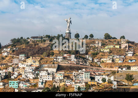 Located on top of the Cerro El Panecillo, the Virgen de Quito sculpture can be seen from any location in downtown Quito. Stock Photo