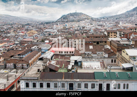 View of Quito, the capitol of Ecuador from the Basílica del Voto Nacional. Stock Photo