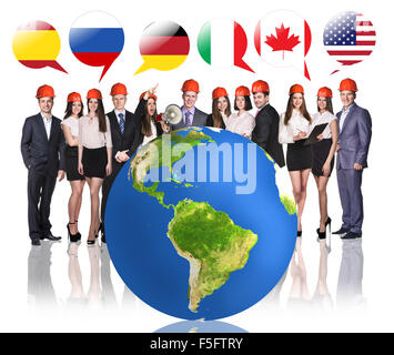 Business people near big earth and flag bubbles.Elements of this image ...